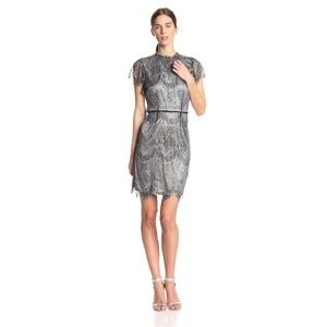 Adrianna Papell Elegant Gray Lace Mini Cocktail Evening Wedding Guest Dress
